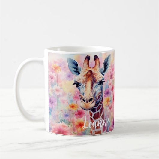 Schattige Giraffe Gezicht met Roze Bloemen Koffiemok (Links)