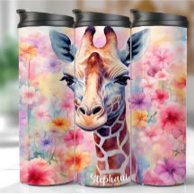 Schattige Giraffe Gezicht met Roze Bloemen Tumbler