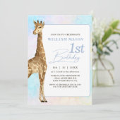 Schattige Giraffe Jongen 1e Verjaardag Blauw Kaart (Staand voorkant)