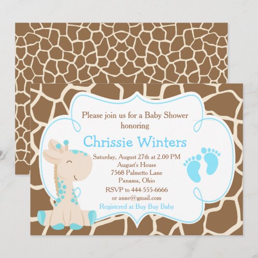 Schattige Giraffe Jongen Blauwe Baby Shower Kaart (Voorkant / Achterkant)