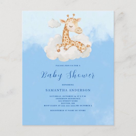 Schattige giraffe-jongen budget babyshower uitnodi flyer (Voorkant)