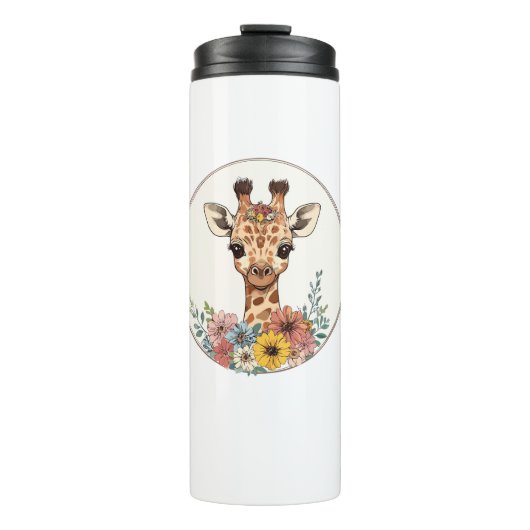 Schattige Giraffe met bloemen Thermosbeker (Voorkant)