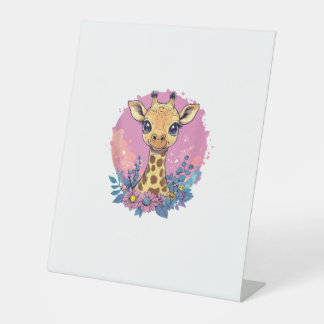 Schattige Giraffe omgeven door bloemen _2 Reclamebord Met Voetstuk