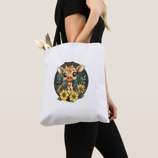 Schattige Giraffe omgeven door kleurrijke bloemen Tote Bag (Dichtbij)
