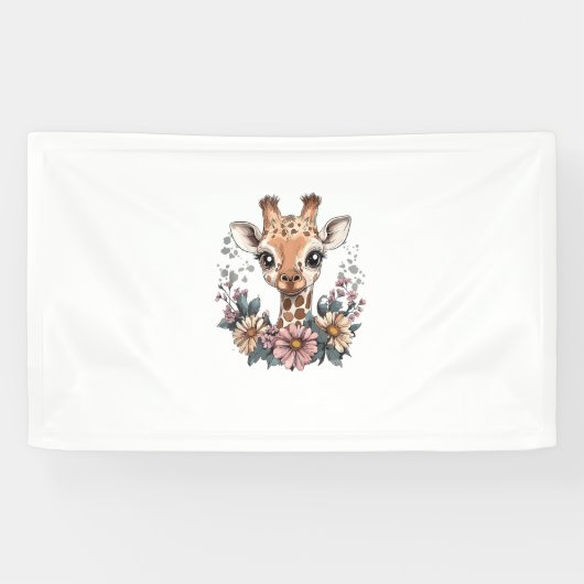 Schattige Giraffe omringd door bloemen 6 Spandoek (Horizontaal)