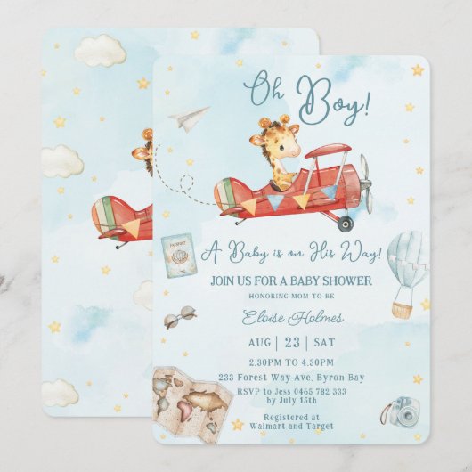Schattige Giraffe Plane Adventure Oh Boy Baby show Kaart (Voorkant / Achterkant)