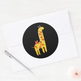 Schattige Giraffe & Vogel Bloemen Geel Rood op Zwa Ronde Sticker