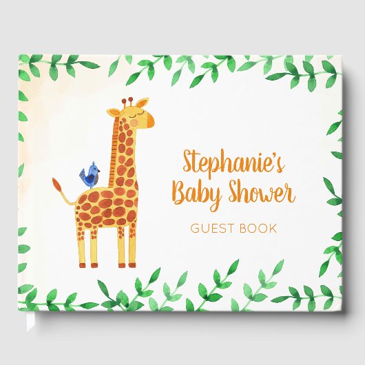 Schattige Giraffe & Vogel Gepersonaliseerd Baby sh Gastenboek (Voorkant)