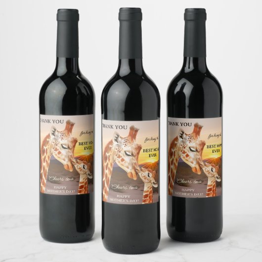 Schattige Giraffes Moederdag Wijn Etiket (Flessen)