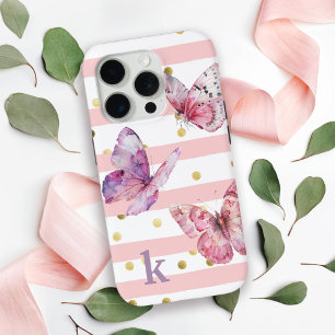 Schattige Girl's Pink Stripes Stippen en Vlinders iPhone 15 Pro Case