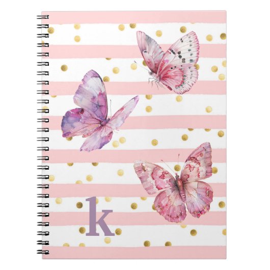 Schattige Girl's Pink Stripes Stippen en Vlinders Notitieboek (Voorkant)