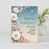 Schattige Girl's Space & Flower Thema Verjaardagsf Kaart (Staand voorkant)