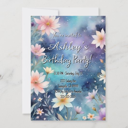 Schattige Girl's Space & Flower Thema Verjaardagsf Kaart (Voorkant)