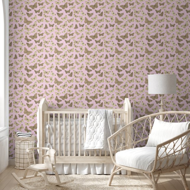 Schattige Girly Beige Roze Vlinderpatroon Behang (Kinderen)