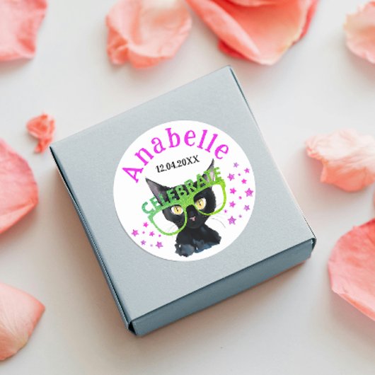 Schattige Girly Black Cat Roze Groen Glitter Water Ronde Sticker