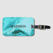 Schattige girly blauw marmer art monogram bagagelabel (Voorkant (horizontaal))