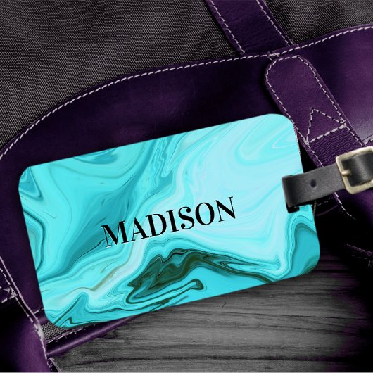 Schattige girly blauw marmer art monogram bagagelabel