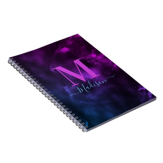 Schattige girly blauw paarse marmeren kunst monogr notitieboek (Rechterzijde)