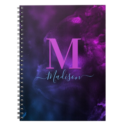 Schattige girly blauw paarse marmeren kunst monogr notitieboek (Voorkant)