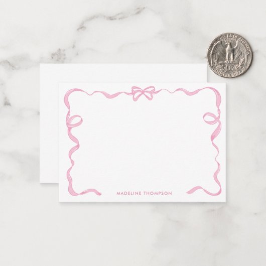 Schattige Girly Blush Roze Bow Ribbon Lijst Notitiekaartje (Voorkant / Achterkant in situ)
