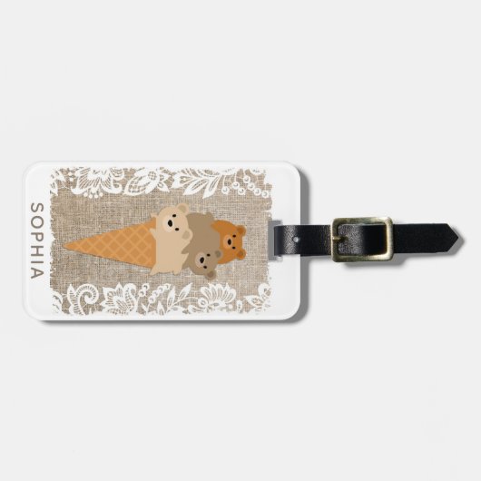 Schattige Girly Cartoon Beren Ice Cream Cone Bagagelabel (Voorkant horizontaal)