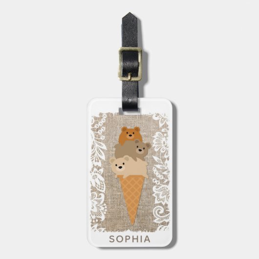 Schattige Girly Cartoon Beren Ice Cream Cone Bagagelabel (Voorkant verticaal)