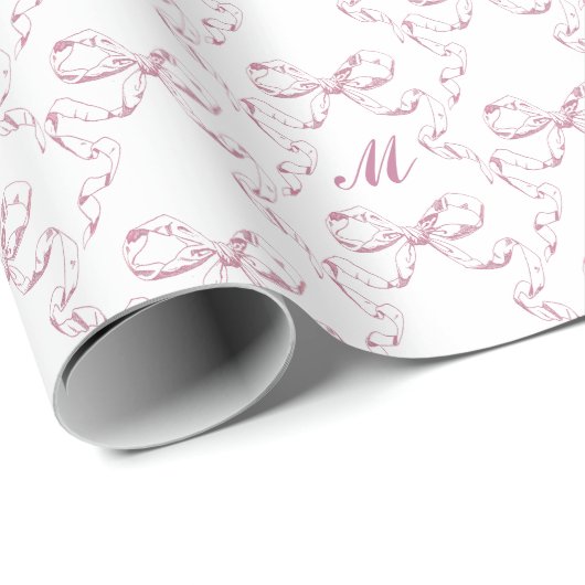 Schattige Girly Esthetisch Roze Boog Patroon Monog Cadeaupapier (Rol Hoek)