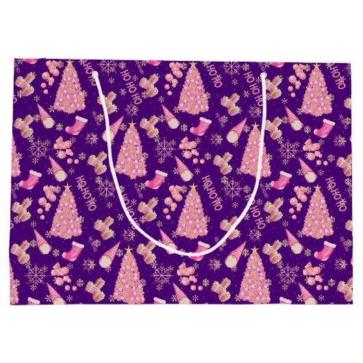 Schattige Girly Gold Indigo Roze Kerstboom Patroon Groot Cadeauzakje (Achterkant)