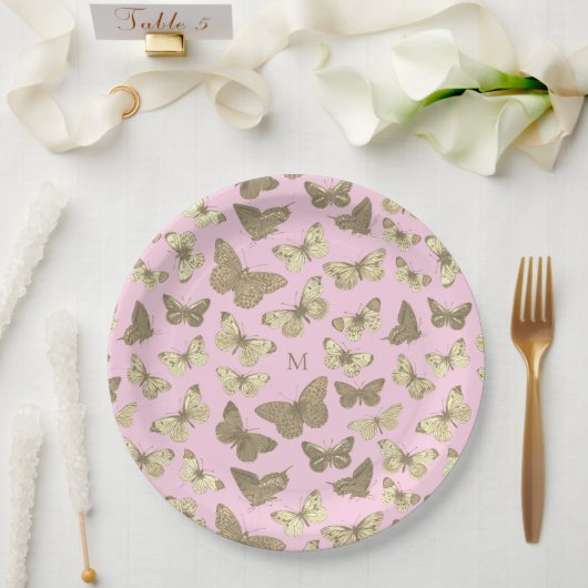 Schattige Girly Gold Pink Butterfly Pattern Monogr Papieren Bordje (Huwelijk)