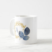 Schattige Girly Gold Sparkle & Blue Leaf Monogram  Koffiemok (Voorkant links)