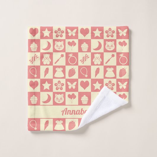 Schattige Girly Modern Roze Geruite Iconen Patroon Bad Handdoek (Wasdoekje)