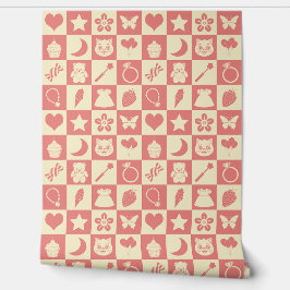 Schattige Girly Modern Roze Geruite Iconen Patroon Behang