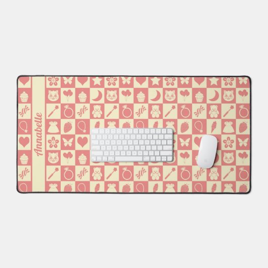Schattige Girly Modern Roze Geruite Iconen Patroon Bureaumat (Keyboard & Muis)
