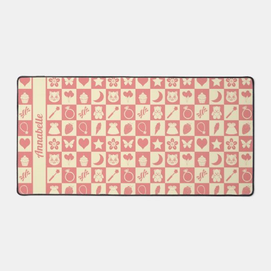 Schattige Girly Modern Roze Geruite Iconen Patroon Bureaumat (Voorkant)