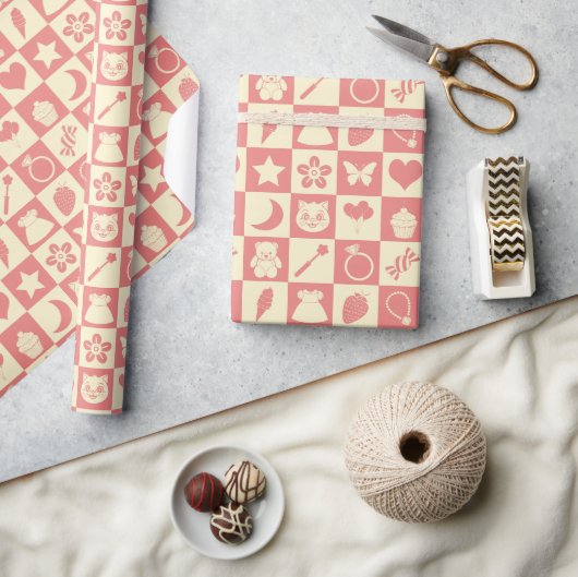 Schattige Girly Modern Roze Geruite Iconen Patroon Cadeaupapier (Crafts)