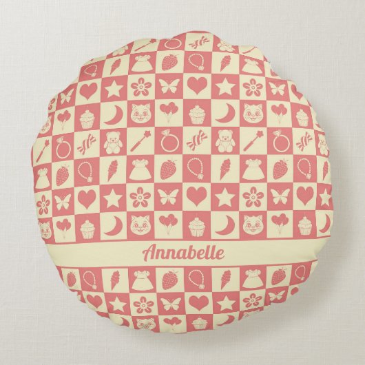 Schattige Girly Modern Roze Geruite Iconen Patroon Rond Kussen (Achterkant)