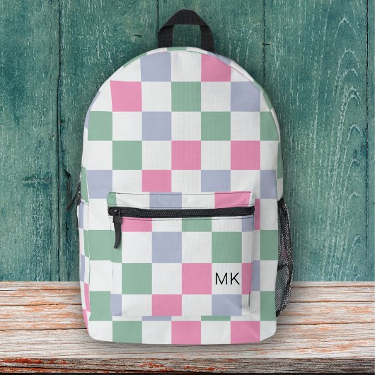 Schattige Girly Pastel Checkerboard Monogram Initi Bedrukte Rugzak