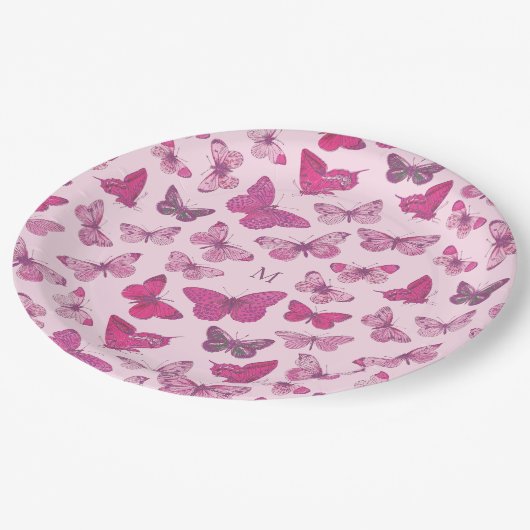 Schattige Girly Pink Butterfly Pattern Monogram Papieren Bordje (Gekanteld)