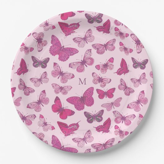 Schattige Girly Pink Butterfly Pattern Monogram Papieren Bordje (Voorkant)