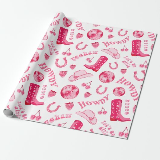 Schattige Girly Pink Disco Cowgirl Esthetisch Cadeaupapier (Uitgerold)