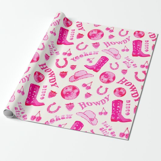 Schattige Girly Pink Disco Cowgirl Esthetisch Cadeaupapier (Uitgerold)