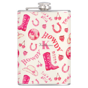 Schattige Girly Pink Disco Cowgirl Naam Monogram Heupfles