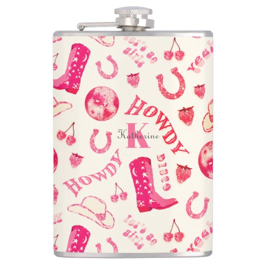Schattige Girly Pink Disco Cowgirl Naam Monogram Heupfles (Voorkant)