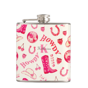 Schattige Girly Pink Disco Cowgirl Naam Monogram Heupfles