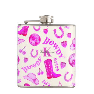Schattige Girly Pink Disco Cowgirl Naam Monogram Heupfles