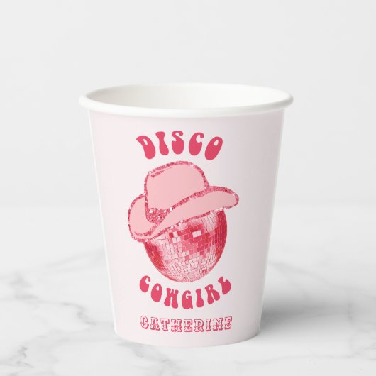 Schattige Girly Pink Disco Cowgirl Naam Papieren Bekers (Voorkant)
