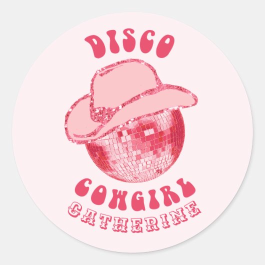 Schattige Girly Pink Disco Cowgirl Naam Ronde Sticker (Voorkant)