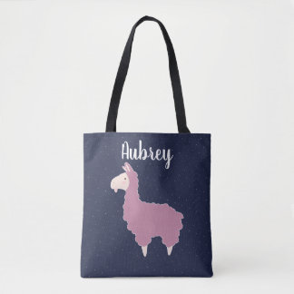 Schattige Girly Pink Fluffy Llama & Naam Tote Bag