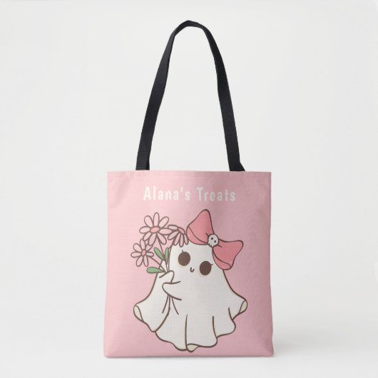 Schattige Girly Pink Ghost Gepersonaliseerde Hallo Tote Bag (Voorkant)