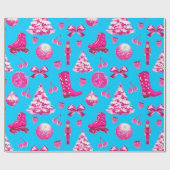 Schattige Girly Preppy Pink Christmas op Blue Cadeaupapier (Vlak)